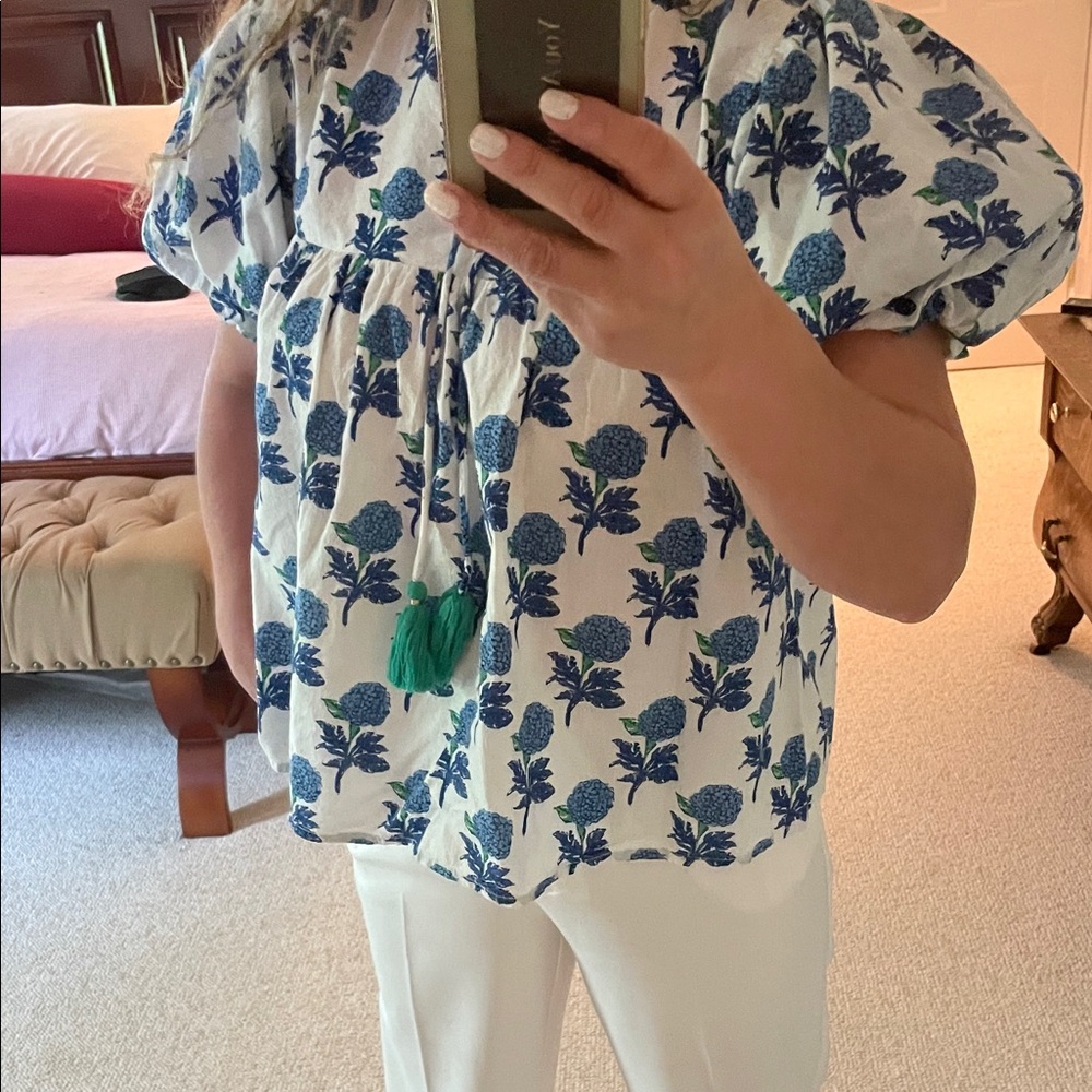 THML White Blouse with Blue Floral Print and Green Tassel Tie - Picture 2 of 3